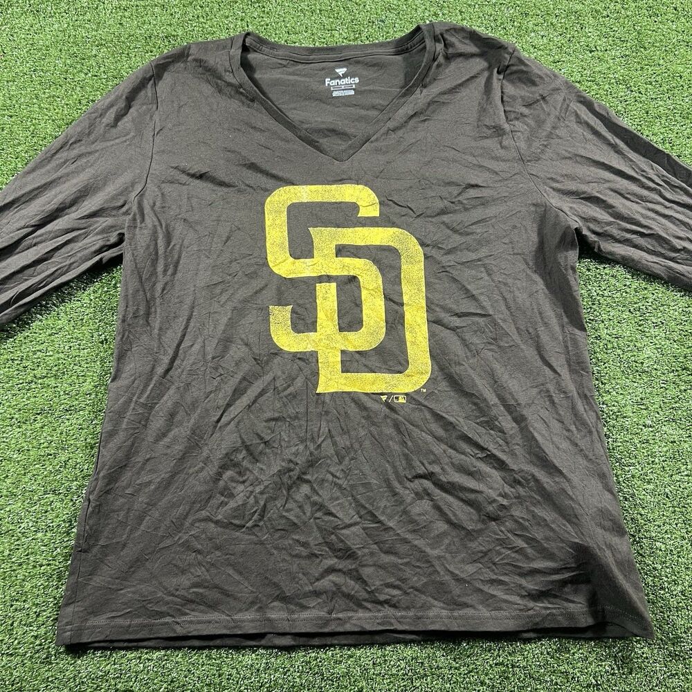 San Diego Padres Fanatics Women’s V-Neck T-Shirt Size L Brown Gold Logo NWOT